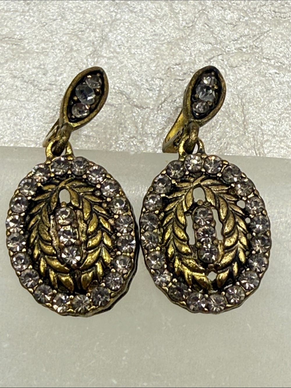 Vintage GoldTone rhinestone Drop Earrings distress brass Greek glam statement ⭐️